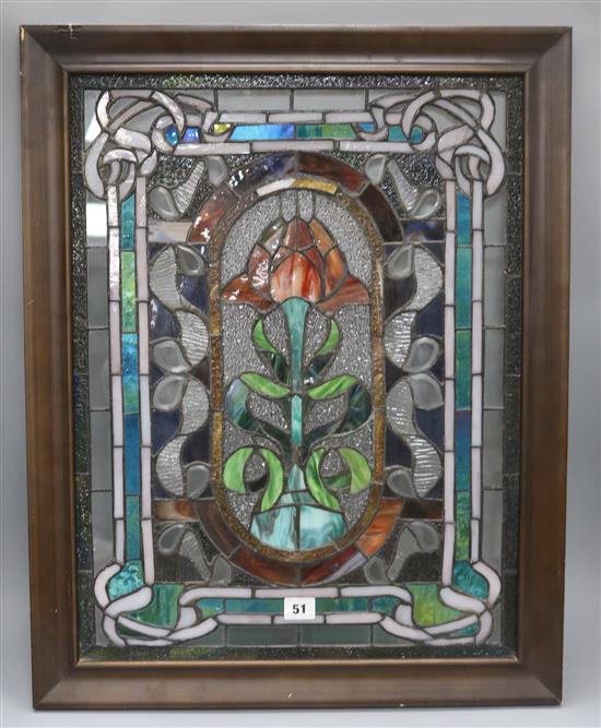 An Art Nouveau stained glass panel excl. frame 58 x 44cm